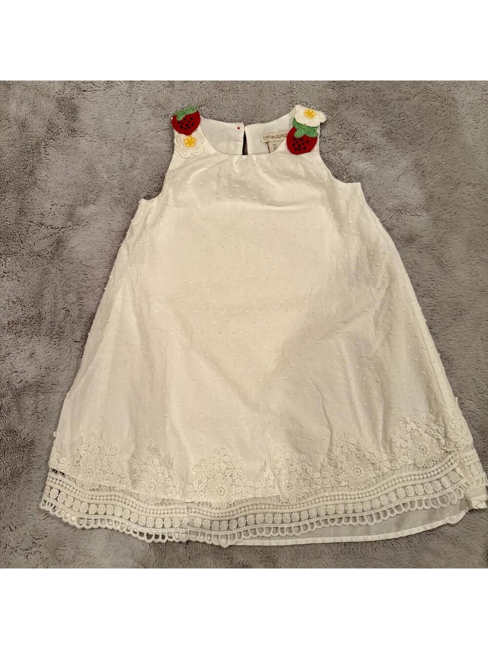 White Embroidered Girls Dress with Strawberry Appliques